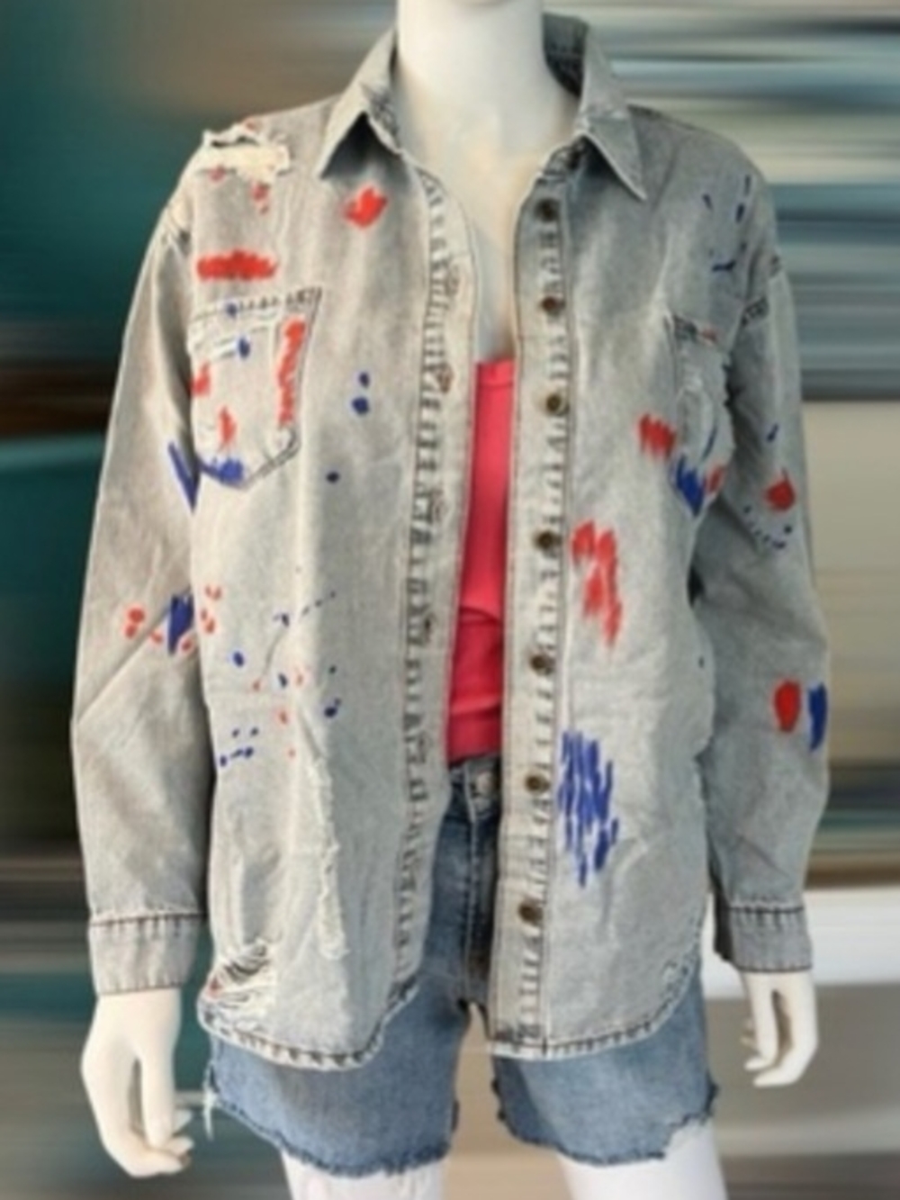 NEW! Easel Women's Denim Distressed Button-Down Shirt with Paint Splatter